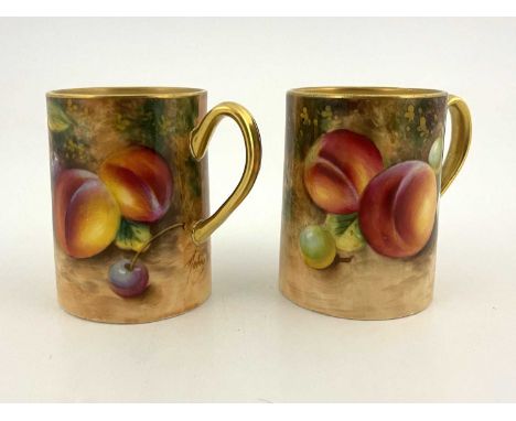 Frank Roberts for Royal Worcester, a pair of fruit painted christening mugs, circa 1950, cylindrical tapered form, signed pri