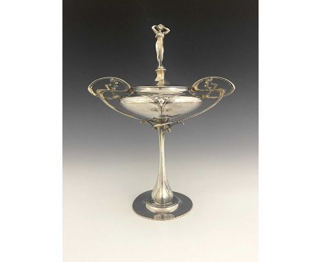 Kate Harris, an Arts and Crafts parcel gilt metal cup and cover, circa 1900, twin handled pedestal bowl form, knotted whiplas