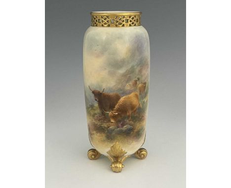 Harry Stinton for Royal Worcester, a cattle painted spill vase, circa 1937, cylindrical form, decorated with highland cows wi