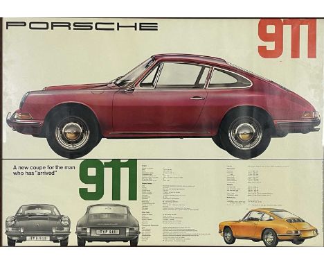 Porsche, a Porsche showroom colour poster promoting the 911, 1964, with multiple views of the iconic sports car and statistic