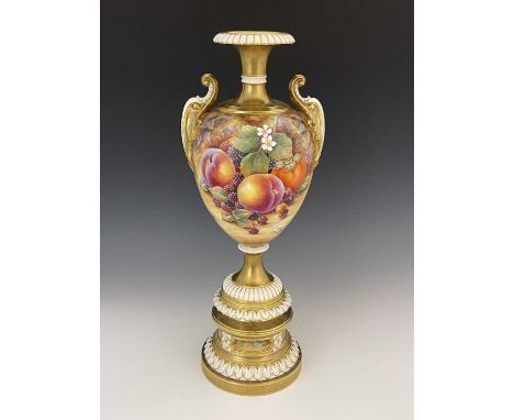 David Fuller for Royal Worcester, a fruit painted pedestal vase, circa 1980, ovoid twin handled form painted in the round wit
