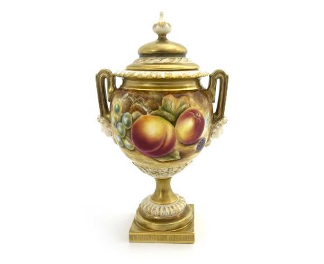 P Done for Royal Worcester, a fruit painted vase and cover, circa 2000, globular pedestal twin handled form, decorated in the