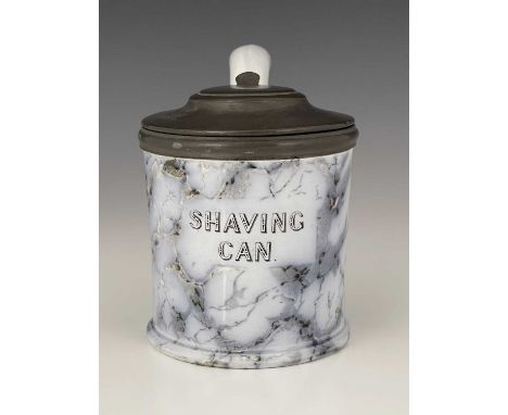 A Staffordshire pottery shaving can and cover, circa 1850, cylindrical form with britannia metal hinged lid and extended 'wal