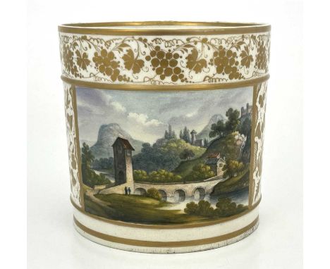 A Derby handpainted porcelain tankard, circa 1820, cylindrical form, decorated with an Italian river landscape, with bridge a