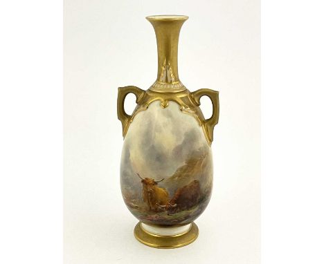 Harry Stinton for Royal Worcester, a Highland cattle painted vase, circa 1920, ovoid twin handled form, decorated with cows i