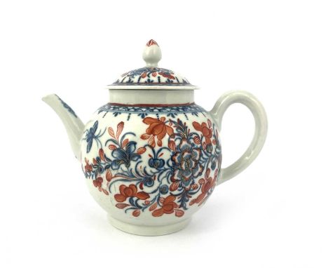 A Worcester blue and white Imari teapot, crescent mark, circa 1765, Peony design with iron red and gilt decoration, 18.5cm lo