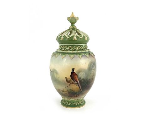 Lewis for Royal Worcester, a pheasant painted potpourri vase and covers, 1907, footed ovoid form with reticulated onion dome 