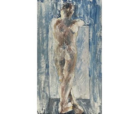 British School, 20th Century, portrait of standing male nude, gouache, 69 by 40cm, framed