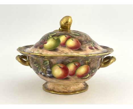 David R Bowie for D.R.B, a fruit painted tureen and cover, decorated with apples, peaches, pears and berries on a moss covere