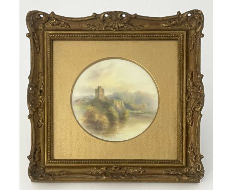 James Stinton for Royal Worcester plaque, circa 19009, decorated with a Highland cliffside town/castle, signed, (Image size) 