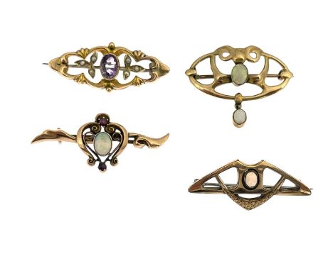A collection of four 9ct gold brooches,  including an opal set openwork example, two similar, and an amethst and seed pearl b
