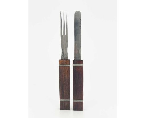 A 19th century W. H. Wragg's patent campaign travelling knife and fork set, interlocked, rosewood handles
