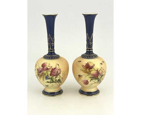 E Raby (attributed) for Royal Worcester, a pair of Wildflower painted vases, globe and shaft form, blush ivory ground decorat