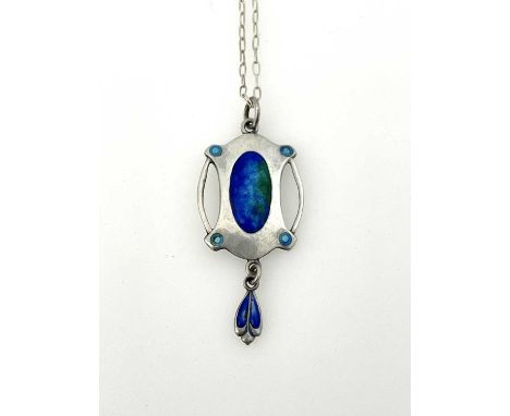 James Fenton, an Arts and Crafts silver and enamelled pendant, Birmingham 1908, waisted panel form with open wire bars, blue 