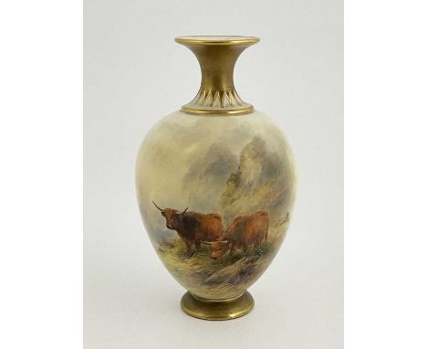John Stinton for Royal Worcester, a highland cattle painted vase, circa 1914, ovoid form with flared gilded neck and circular