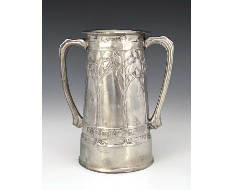David Veasey for Liberty and Co., an Arts and Crafts Tudric pewter twin handled vase, model 010, conical form, cast with styl