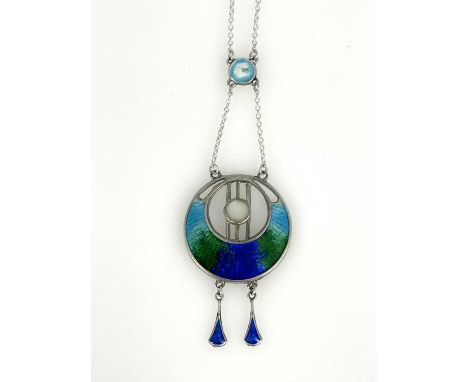 Charles Horner, an Arts and Crafts silver and enamelled pendant, Chester 1906, circular lyre form with blue green guilloche c
