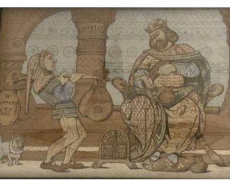 Style of Walter Crane, a set of four Arts &amp; Crafts pictures printed on fabric, amusing chivalry scenes, 38 by 53cm, oak f