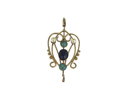 An early 20th century gold, turquoise and lapis lazuli openwork pendant, with pearl duo highlight and bead drop, length 6.4cm