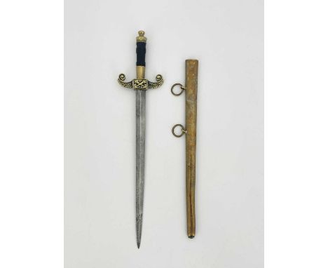 A Dutch 1889 model Naval Officer's dress dagger, housed in brass scabbard with hanging rings, obverse side with naval anchor 