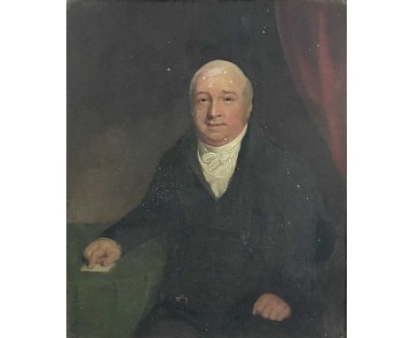 British School, circa 1840, portrait of Joseph Neeld Esq, half-length wearing a black tunic and white stock, seated beside a 