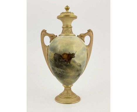 John Stinton for Royal Worcester, a highland cattle painted pedestal vase and cover, circa 1906, ovoid form with blush foliat