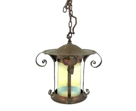 An Arts and Crafts copper and opalescent glass pendant light fitting, in the style of Keswick School of Industrial Arts, circ