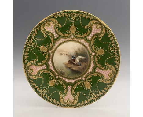 James Stinton for Royal Worcester, a handpainted cabinet plate, circa 1903, decorated with Mallard drake and hen on a reeded 