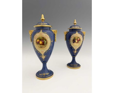 Edward Townsend et al for Royal Worcester, a pair of fruit painted vases and covers, circa 1938, ovoid footed form, decorated