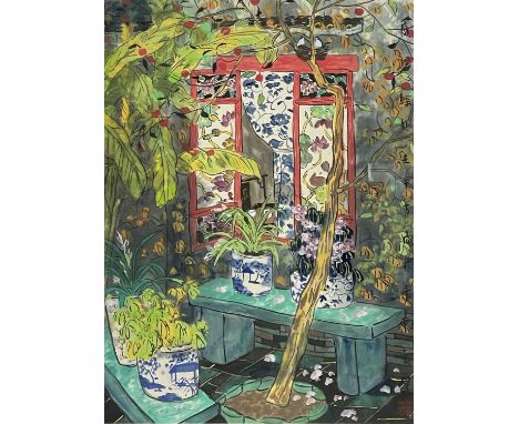 Fang Xiang (Chinese, 1967), The Open Window, signed and seal mark l.r., watercolour, ink/colour paper, 45 by 33cm, framed. Pr