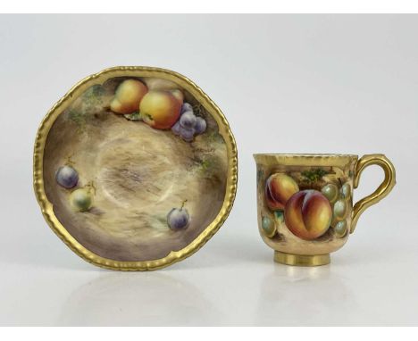 Wililiam Rowley et al for Royal Worcester, fruit painted cabinet cup and saucer circa 1970, decorated with peaches, pears and