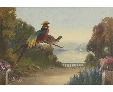 James Henry Lewis (early 20th century, Royal Worcester artist), Golden Pheasants, signed l.r., oil, 17 by 25cm, framed