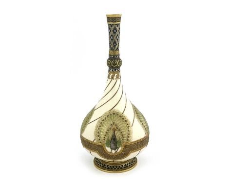 James Hadley for Royal Worcester, an Aesthetic Movement Persian vase, 1883, slender necked footed baluster form, knopped neck