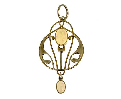 Murrle Bennett, an Arts and Crafts 9 carat gold and opal pendant, open knotted wire tendril design with oval cabochon and dro
