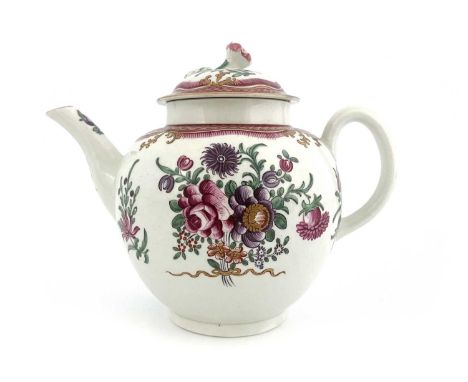 A Worcester polychrome teapot and cover, circa 1770s, Back to Back floral pattern with fishscale and gilt foliate border, 22c