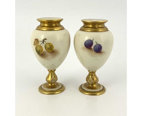 Edward Townsend and George Moseley for Royal Worcester, a pair of fruit painted vases, circa 1930, ovoid footed for, decorate