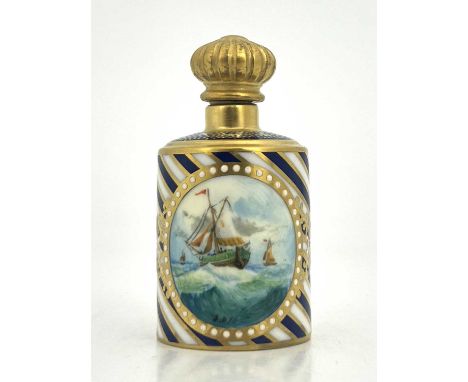 Stefan Nowacki for Lynton, a porcelain scent flask, cylindrical form, painted with sailing boats on a choppy sea in jewelled 