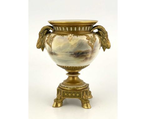 John Stinton for Royal Worcester,a cattle painted pedestal vase. circa 1912, ovoid collared form with gilded rams head handle