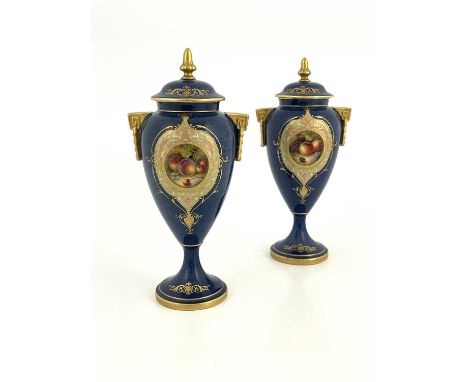 William Bee for Royal Worcester, a pair of fruit painted pedestal vases and covers, circa 1926, ovoid form, decorated, apples