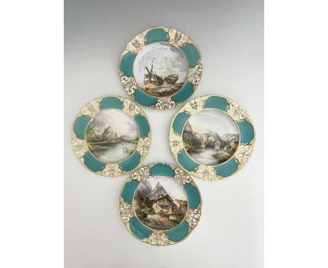 A set of four Royal Worcester plates, circa 1890, printed and painted with landscape and coastal scenes, the teal panelled bo