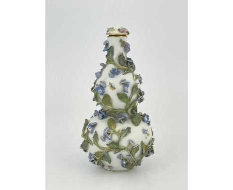 A Continental porcleain bottle flask and cover, circa 1820, double gourd form, encrusted with forget me knots and trailing le