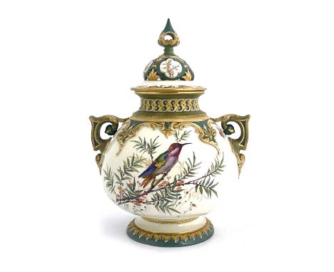 John Hopewell for Hadley, Worcester, a bird painted twin handled vase and cover, squat ovoid form, relief moulded foliate arc