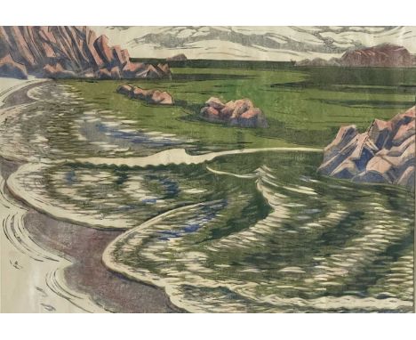 Margaret Barnard (British,1900-1992) Grosvenor School (under Claude Flight), 'The Cove', linocut, 21 by 30cm, framed. Provena