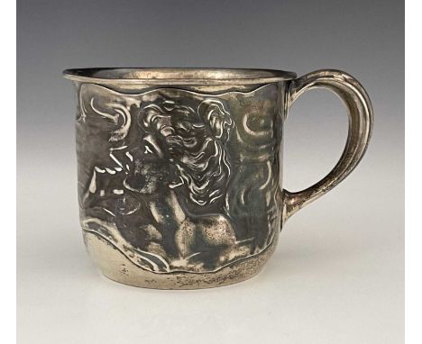 An American Art Nouveau silver shaving mug, Unger Brothers, New Jersey circa 1900, applied with a relief bust of a maiden smo