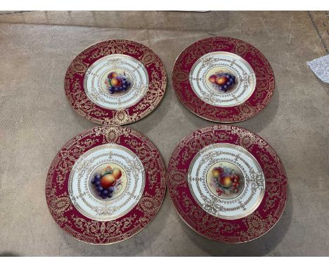 W Bee for Royal Worcester, a set of four fruit painted plates, circa 1930, decorated with peaches, apples, grapes and cherrie