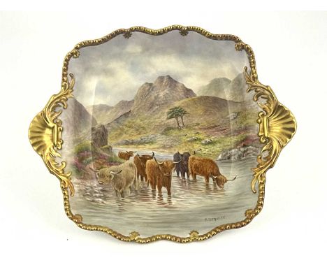 P Stanley for Royal Worcester, a highland cattle painted strawberry dish. square twin handled form, decorated with cattle wat