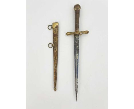 A Belgian 1850s Naval Officer's dress dagger, housed in brass scabbard with hanging rings, obverse side with geometric and sc