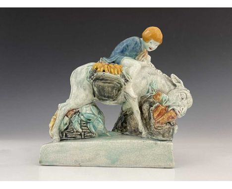 Stella Crofts, a study pottery group, Boy With Donkey, incised marks, 20cm long, note: design later sold to Royal Worcester