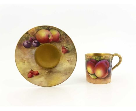 Townsend and Moseley for Royal Worcester, a fruit painted coffee cup and saucer, decorated in the round with peaches, apples 