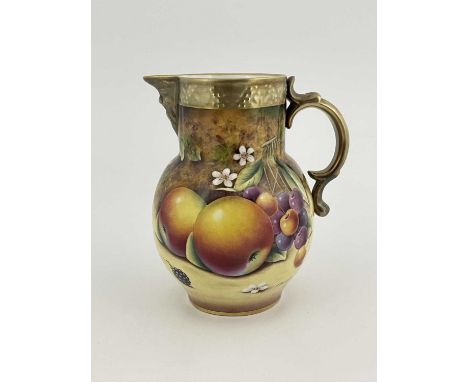 J Bowman for Royal Worcester, a fruit painted jug, circa 1990, decorated with apples and blackberries on a moss covered groun